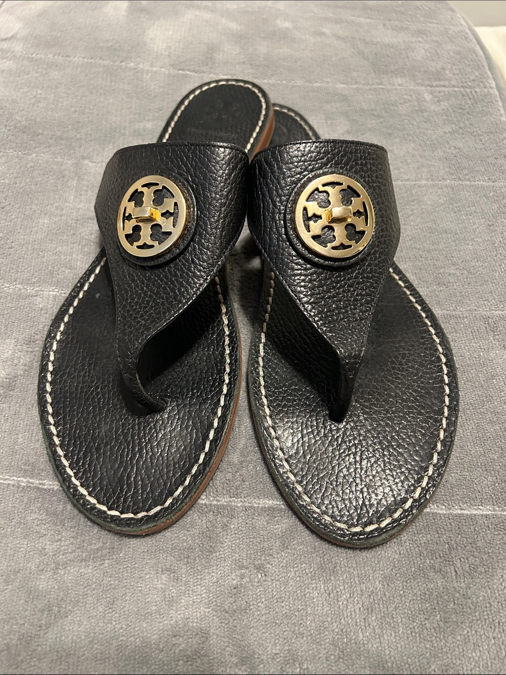 Tory Burch Black Leather Logo Thong Sandals with Gold Emblem